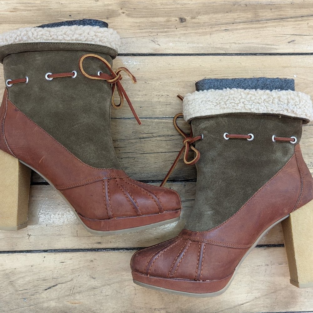 Women's ROCKPORT Adidas Leather Ankle Boots Shoes Heels Sherpa Brown Green 7